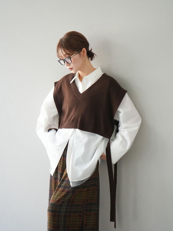 [予約]サイドリボンVネックショートニットベスト/ブラウン