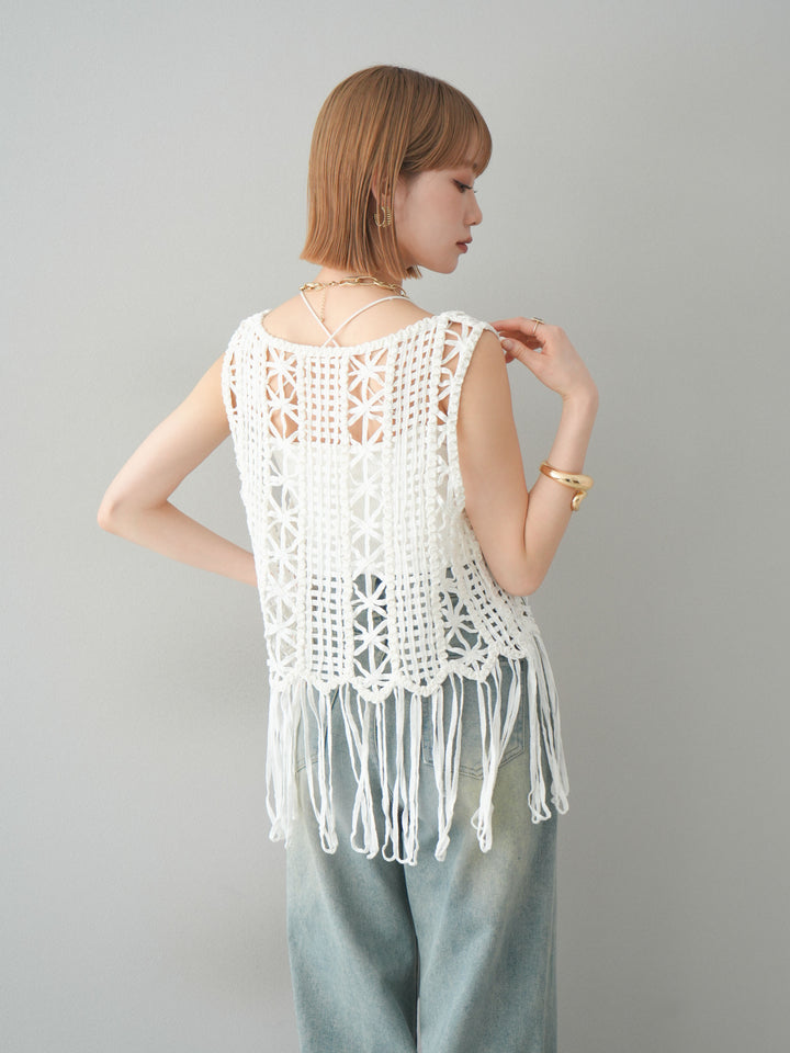 [予約]クロシェフリンジノースリーブトップス/アイボリー