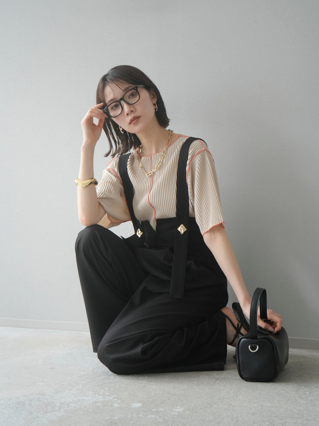 【SET】配色褶皺半袖上衣 + 配色褶皺半袖上衣 (2 件套)