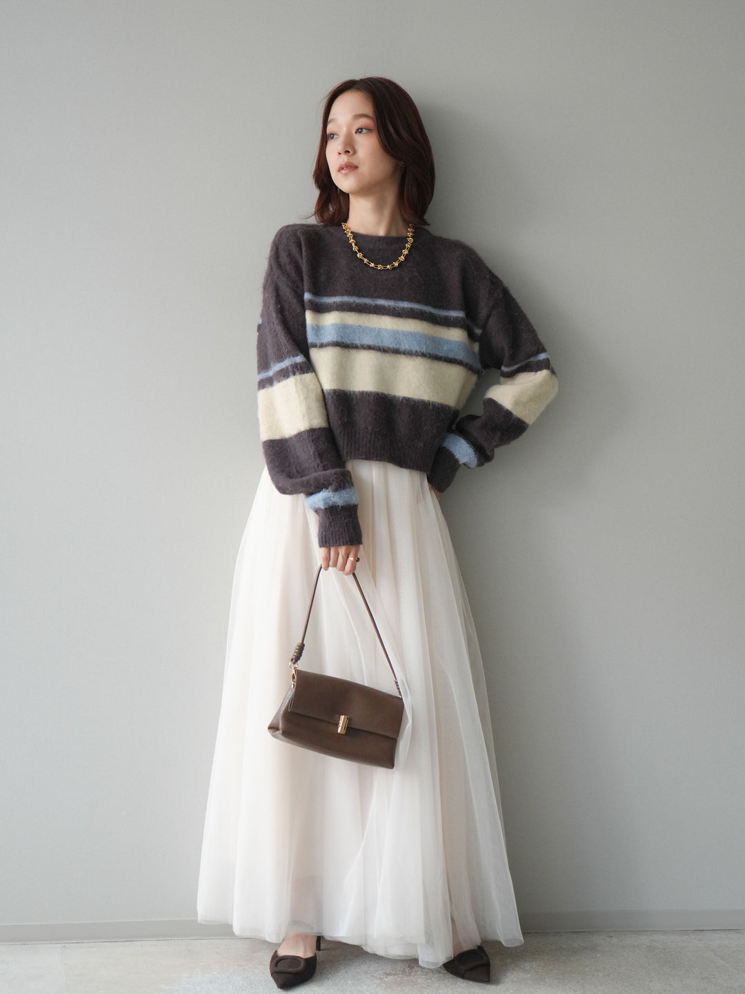 [SET]ソフトタッチボーダークロップドニットプルオーバー+チュールボリュームスカート(2set)