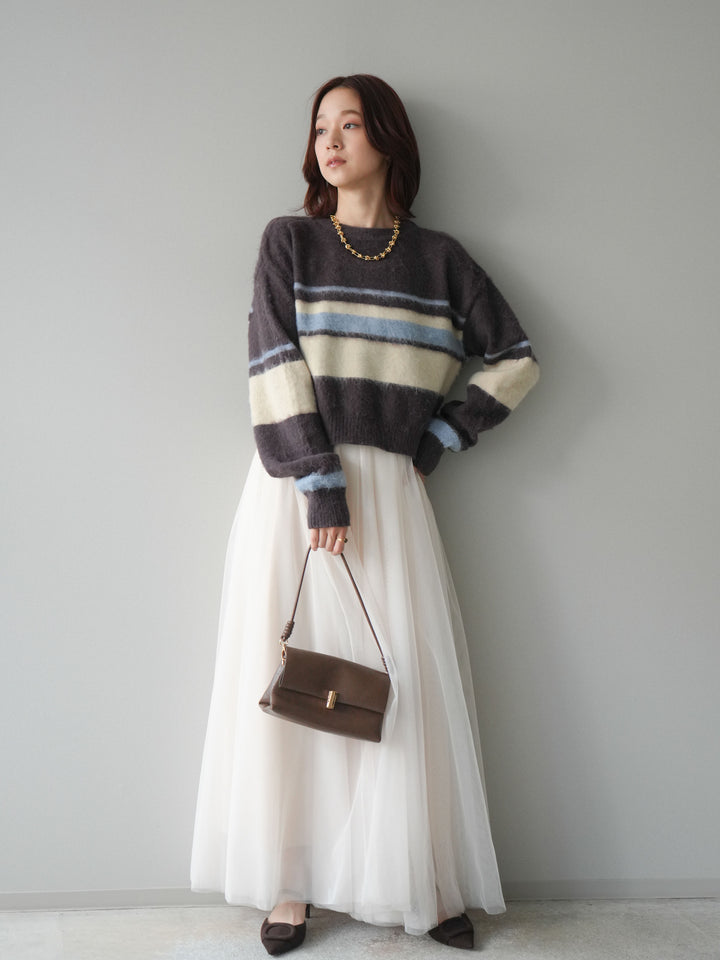 [SET]ソフトタッチボーダークロップドニットプルオーバー+チュールボリュームスカート(2set)