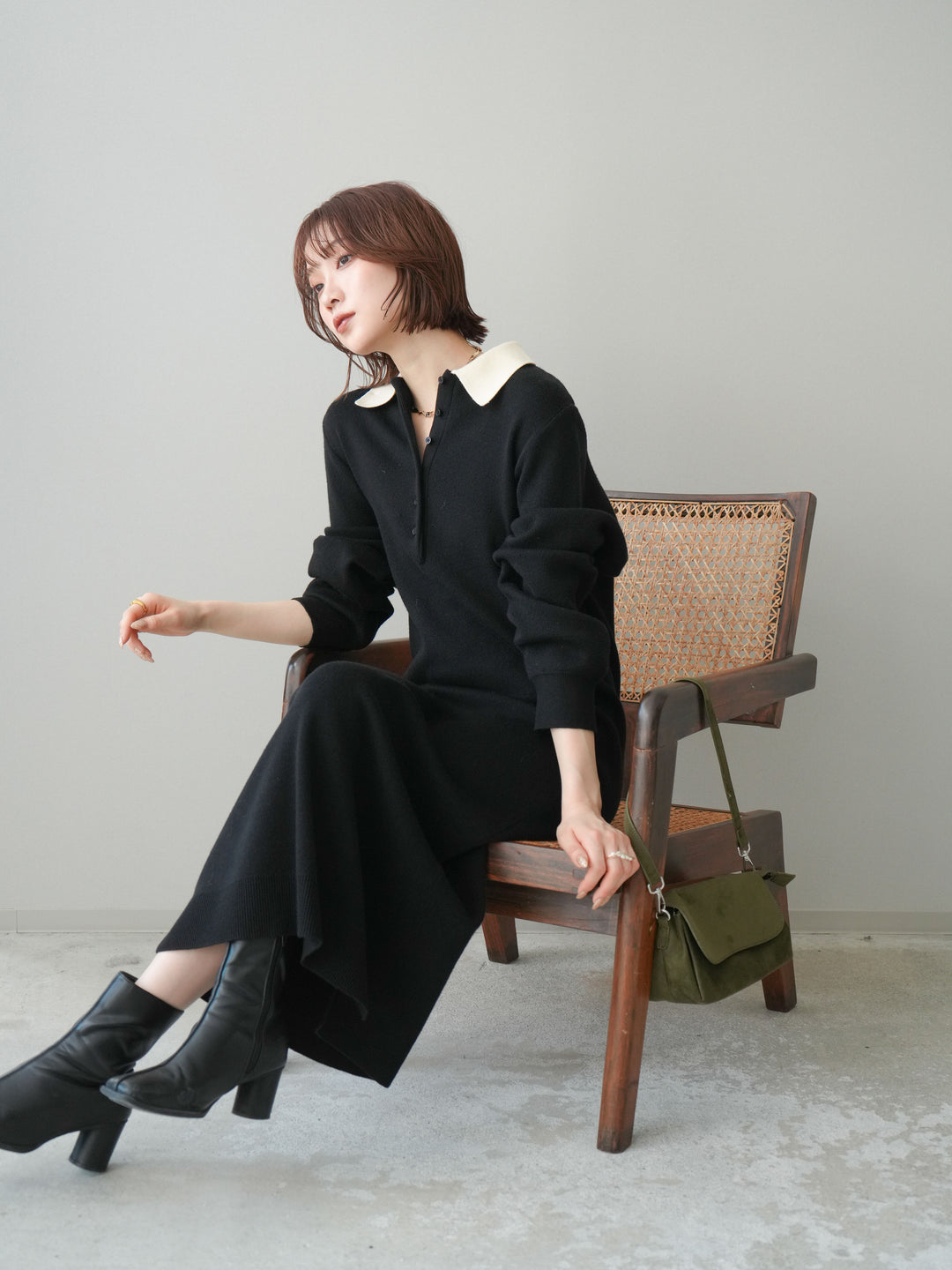 [予約]配色ポロニットワンピース/black