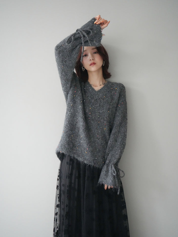 [SET]キャンディースリーブカラーネップスパンコールニットプルオーバー+フラワーフロッキーチュールプリーツスカート(2set)