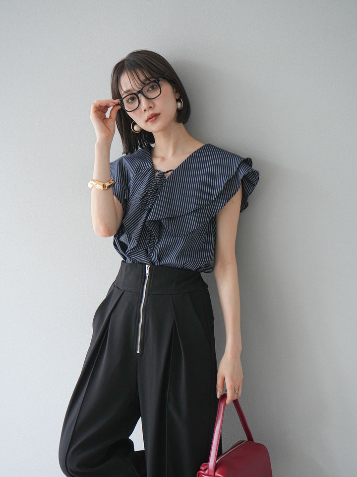 [予約]リネンライクストライプラッフルブラウス/ネイビー