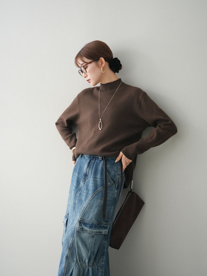 [予約]ボトルネック裾カールリブニットトップス/brown