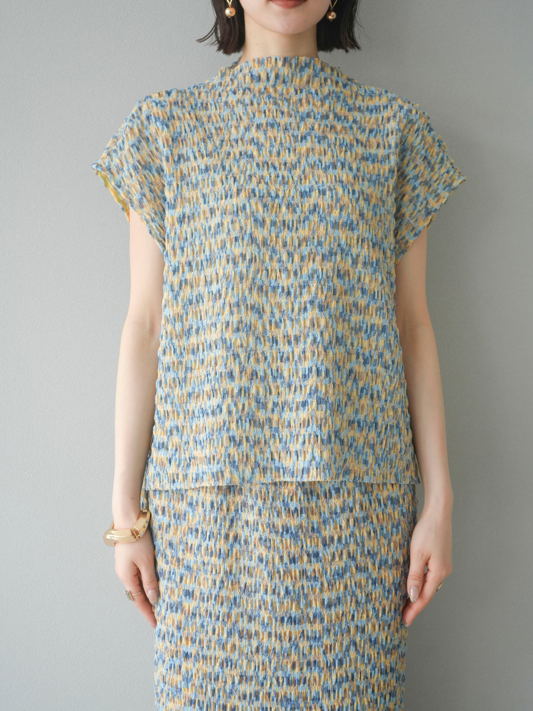 [予約]マルチカラーランダムプリーツフレンチトップス/イエロー