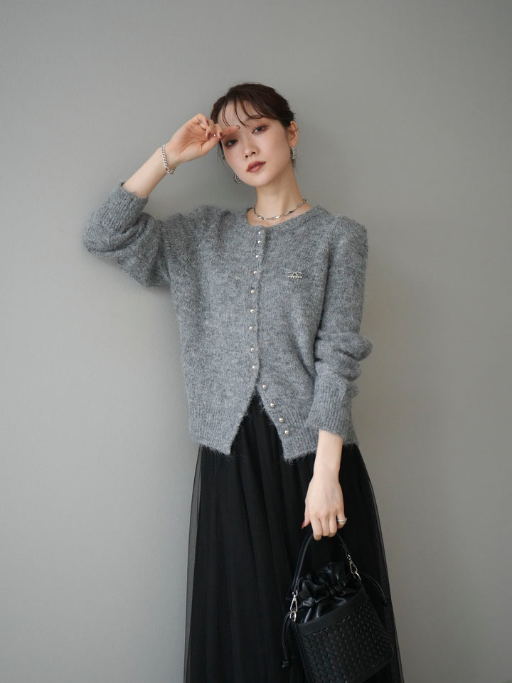 [予約]ブローチ付silverボタンミックスニットカーディガン/gray