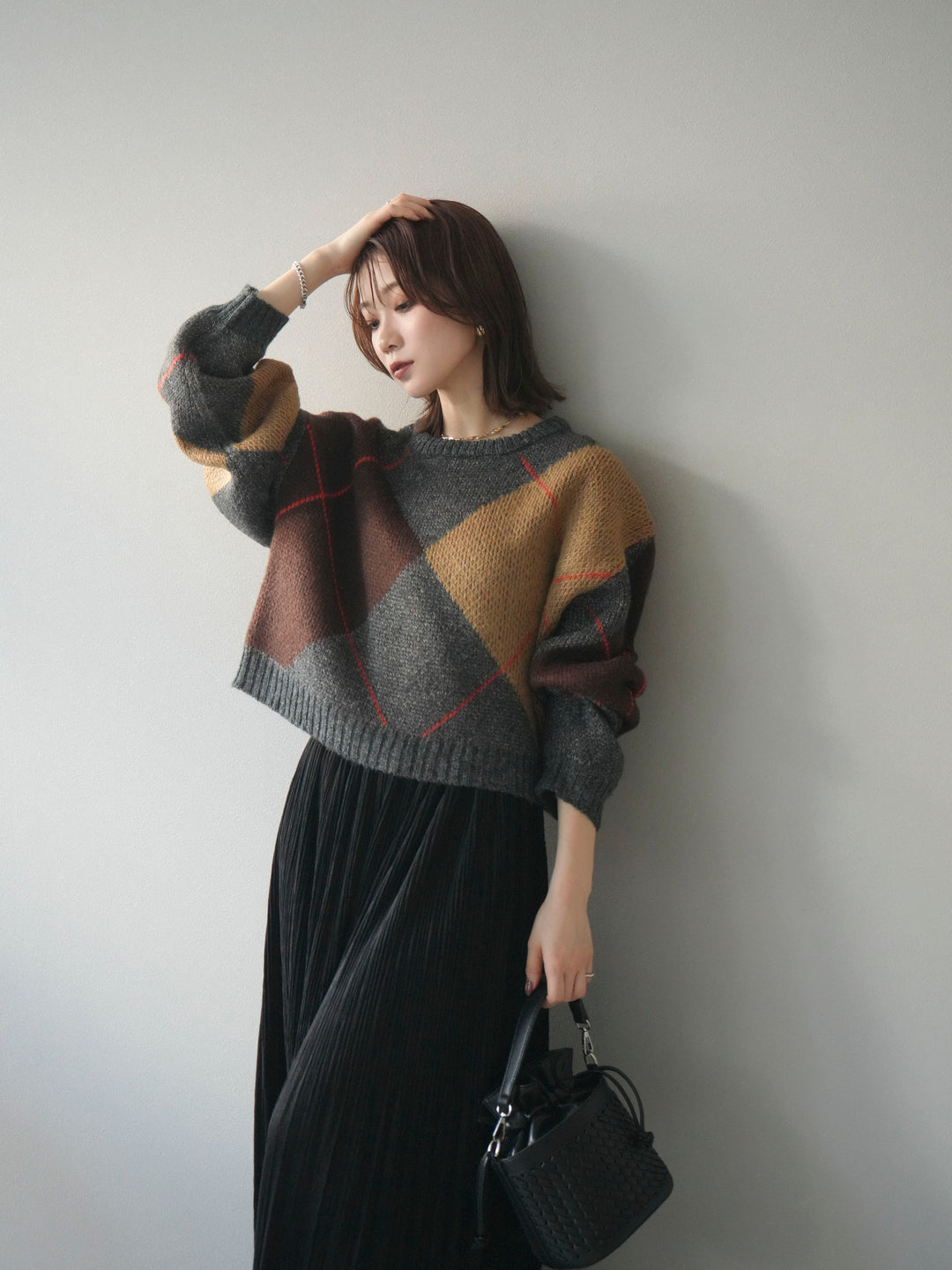 [SET]配色ステッチアーガイル柄ニットプルオーバー+裾レーススウェードプリーツマキシスカート(2set)