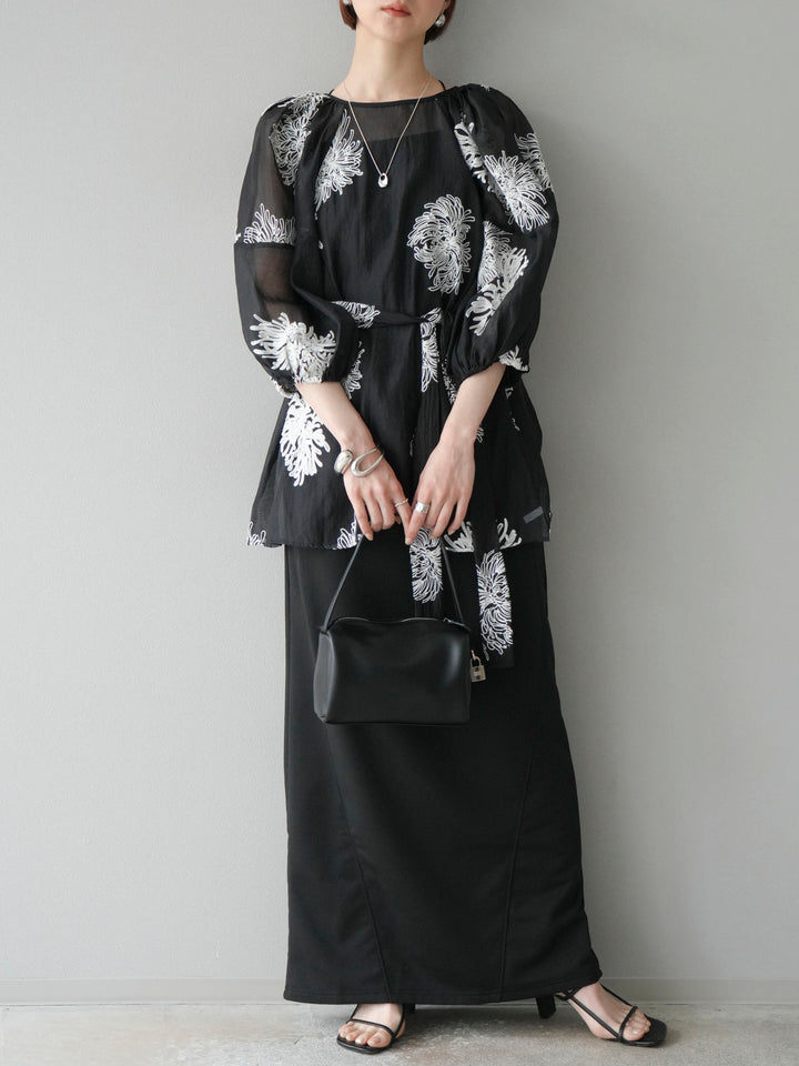 [SET]刺繍シアーバルーンスリーブブラウス+スウェットロングスカート(2set)