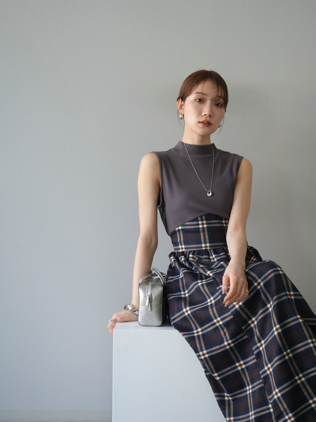 [SET]テレコ×チェックドッキングノースリワンピース+選べるアクセセット(2set)