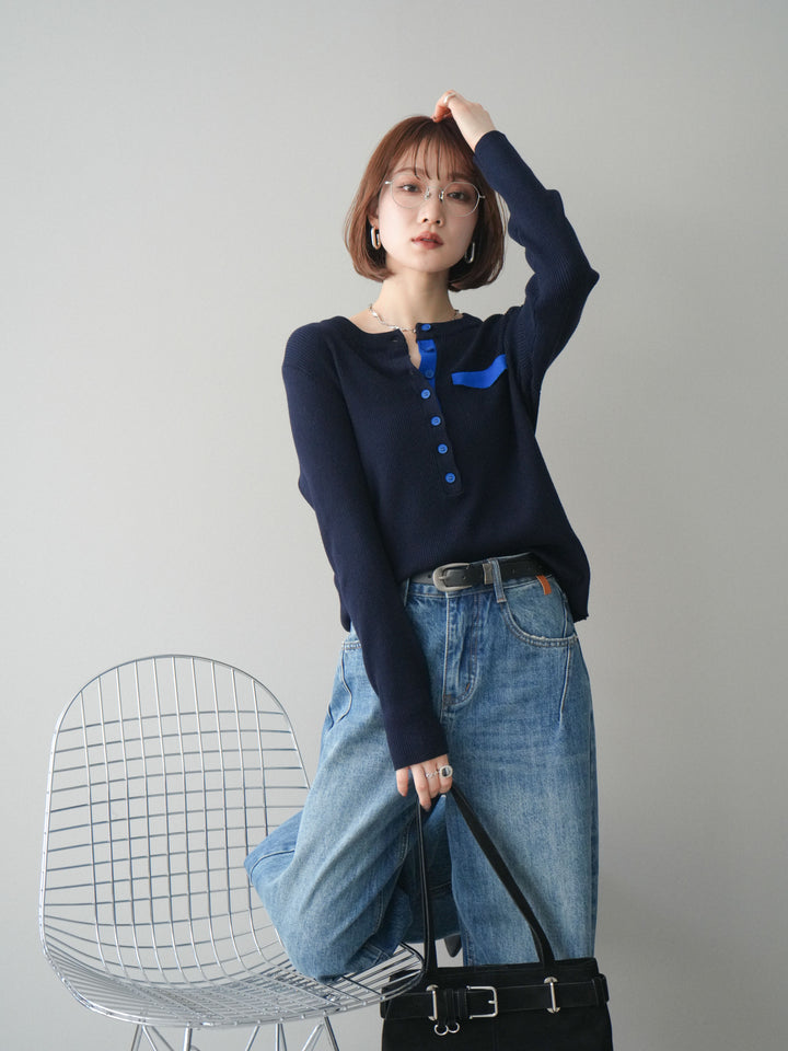 [予約]バイカラーデザインポケット配色ヘンリーネックニットソー/navy