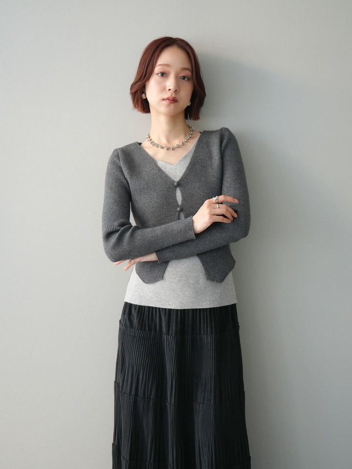 [SET]Vネック配色レイヤードスリットニットトップス+型押しスエードティアードプリーツスカート(2set)