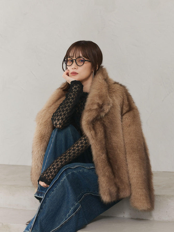 【Allure】[SET]フラワーレーストップス+フェイクファービックカラージャケット(2set)