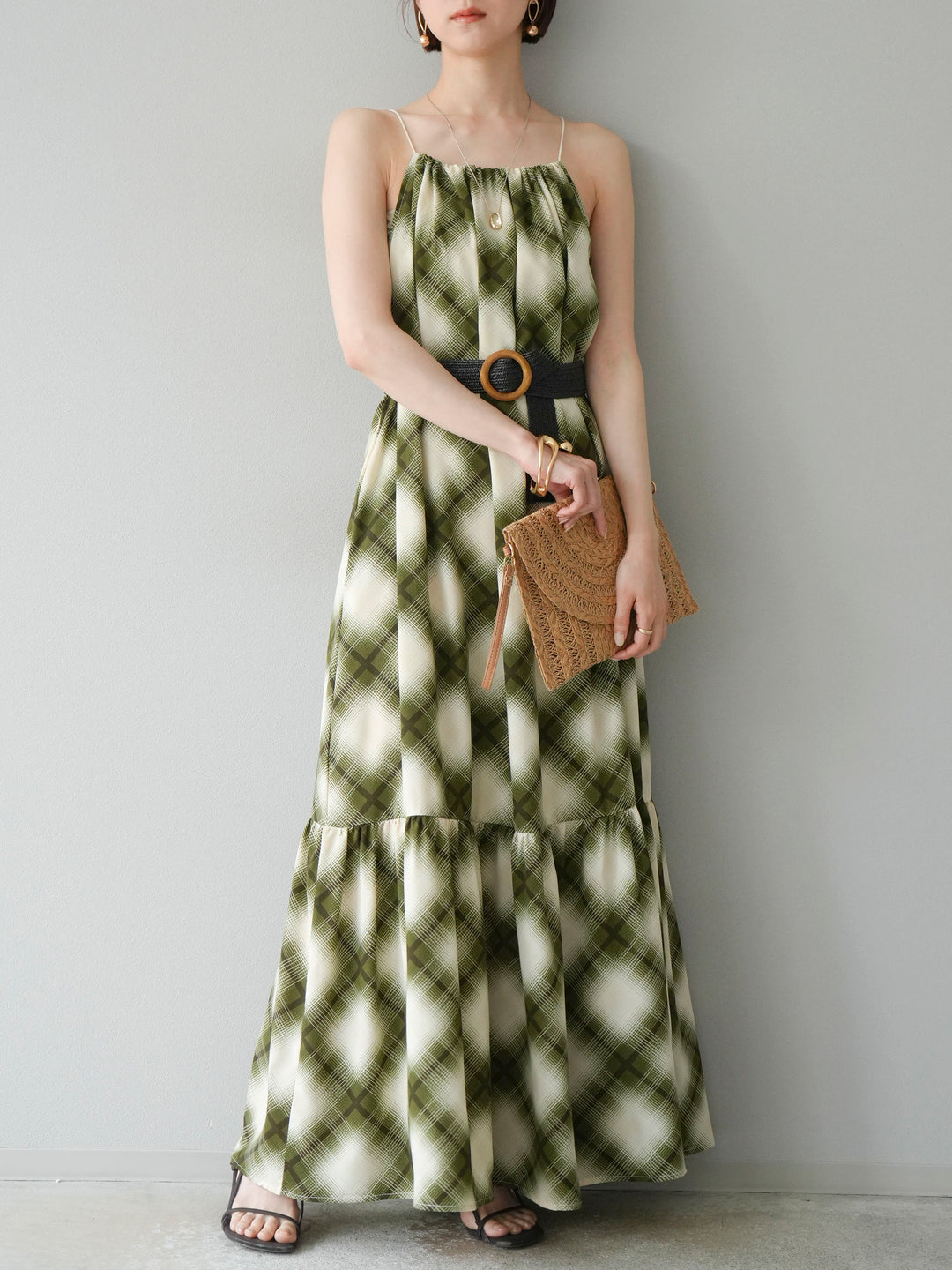 [SET] 繫腰帶格紋無袖洋裝 + 繫腰帶格紋無袖洋裝 (2 套)