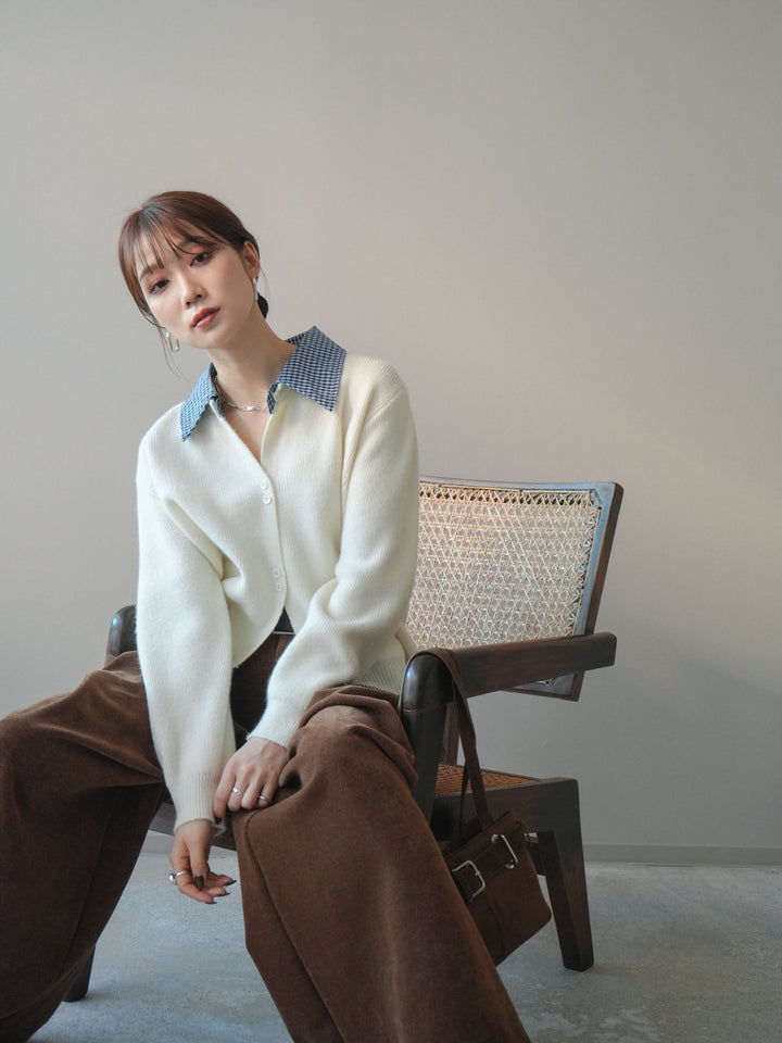 [SET]チェックシャツ襟ニットカーディガン+チェックシャツ襟ニットカーディガン(2set)