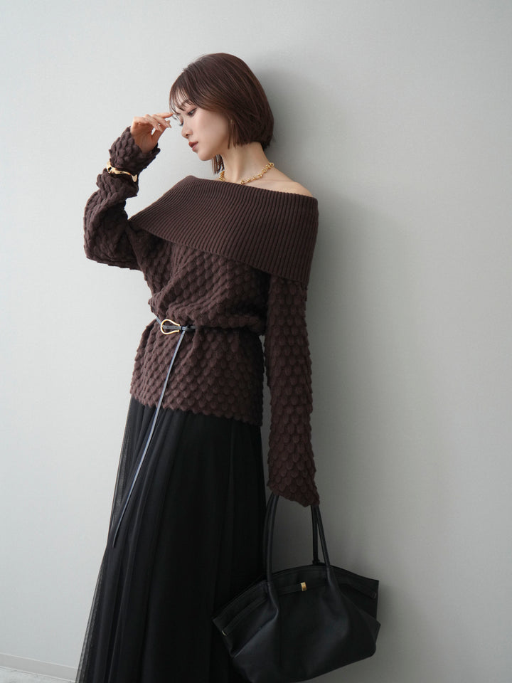 [予約]ポコポコ編みオフショルニットプルオーバー/brown