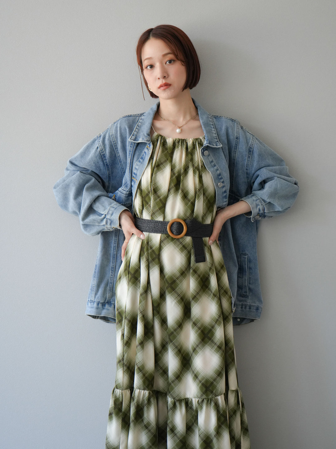 [SET]ベルト付チェックノースリーブワンピース+ビンテージデザインBIGデニムジャケット(2set)