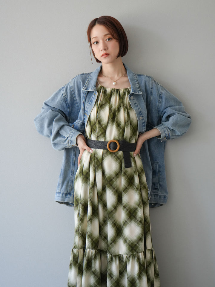 [SET]ベルト付チェックノースリーブワンピース+ビンテージデザインBIGデニムジャケット(2set)