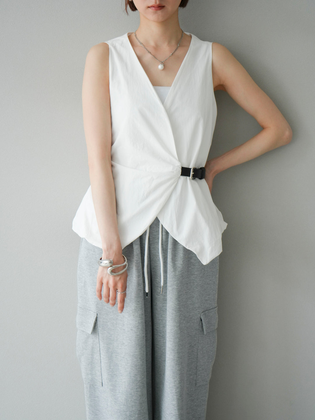 [予約]ベルトデザインバルーンブラウス/ホワイト