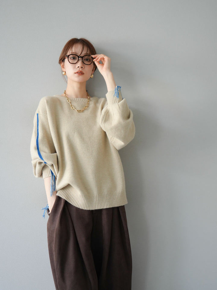 [SET]配色ステッチフリンジニットプルオーバー +スウェードタックワイドパンツ(2set)