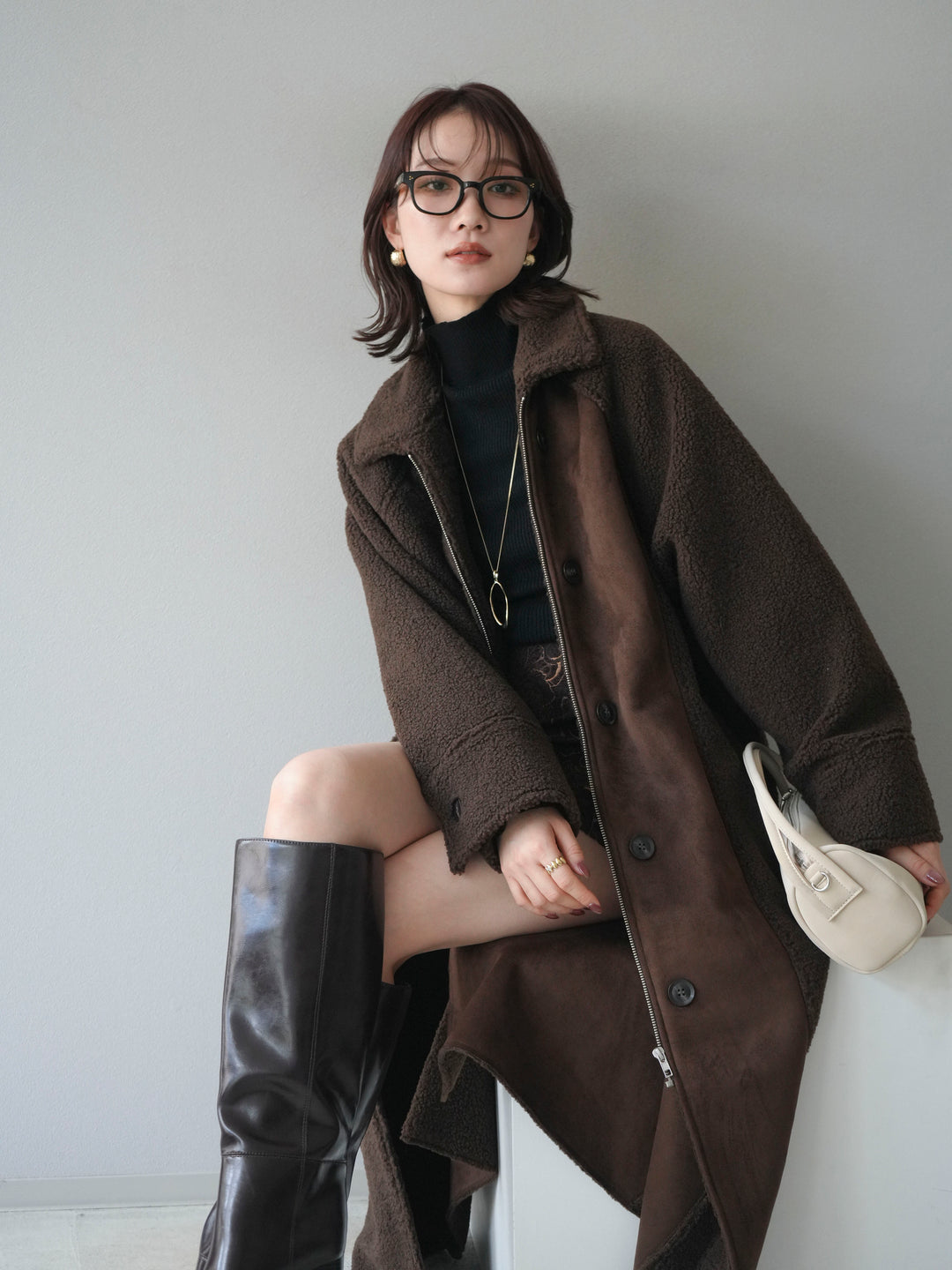 [予約]ボアxムートンロングコート/brown