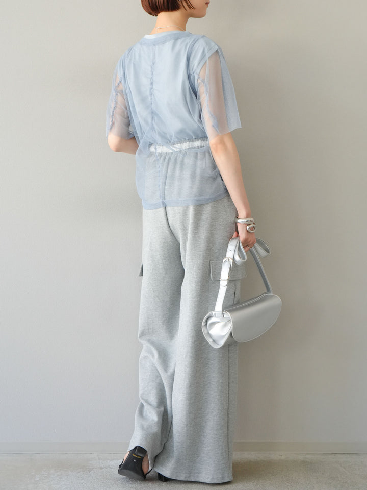 [SET]ラメチュールシャーリングプルオーバー+コード刺繍フレンチスリーブTシャツ+ウエストラインサイドポケットスウェットパンツ(3set)