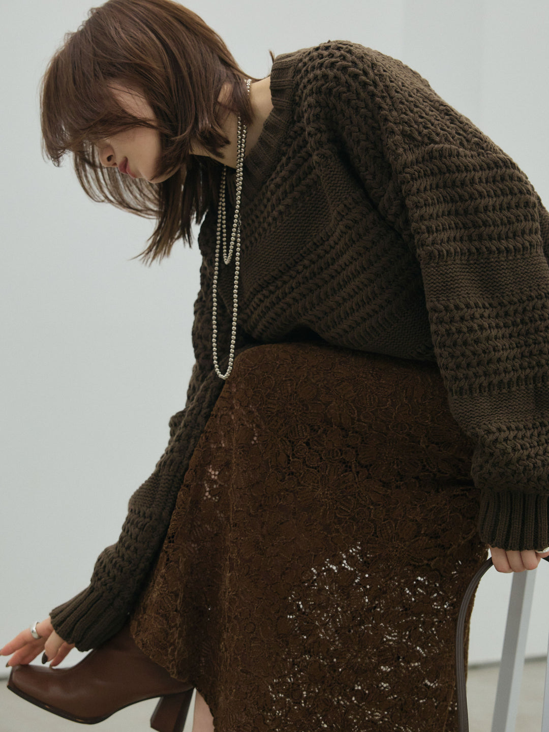 [予約]ライン編みニットプルオーバー/brown