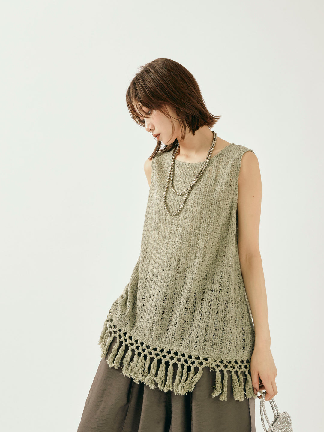 [予約]フリンジ透かし編みニットベスト/カーキ