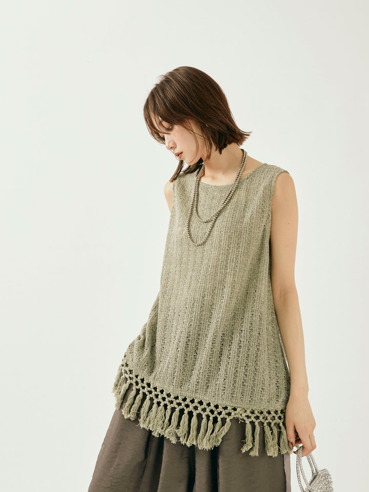 [予約]フリンジ透かし編みニットベスト/カーキ