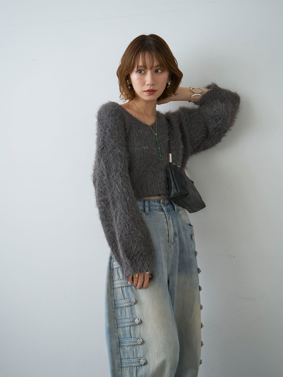 [SET]Vネックシャギークロップニットトップス+Vネックシャギークロップニットトップス(2set)
