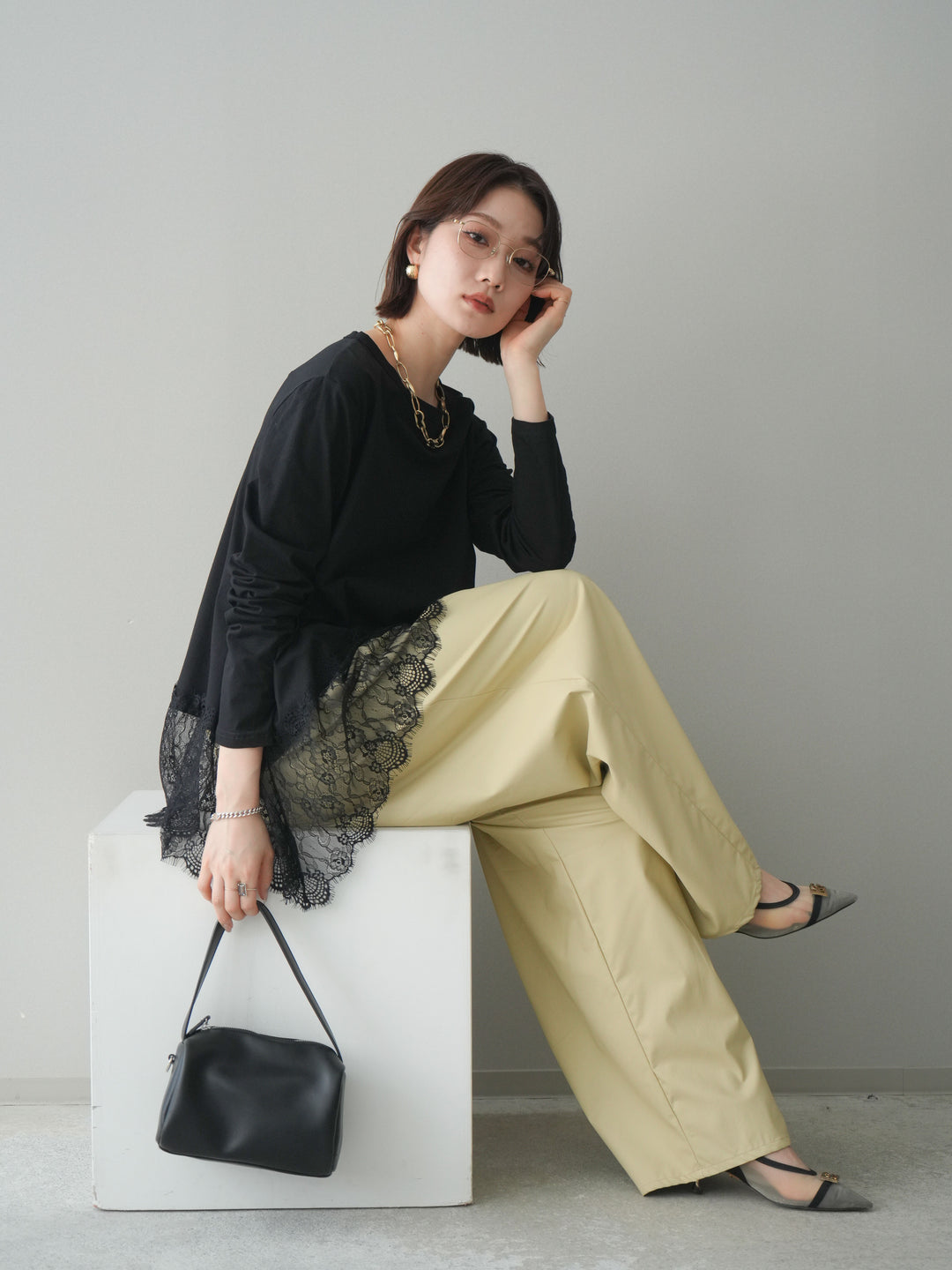 [SET]裾レースロングスリーブTシャツ+選べるアクセセット(2set)
