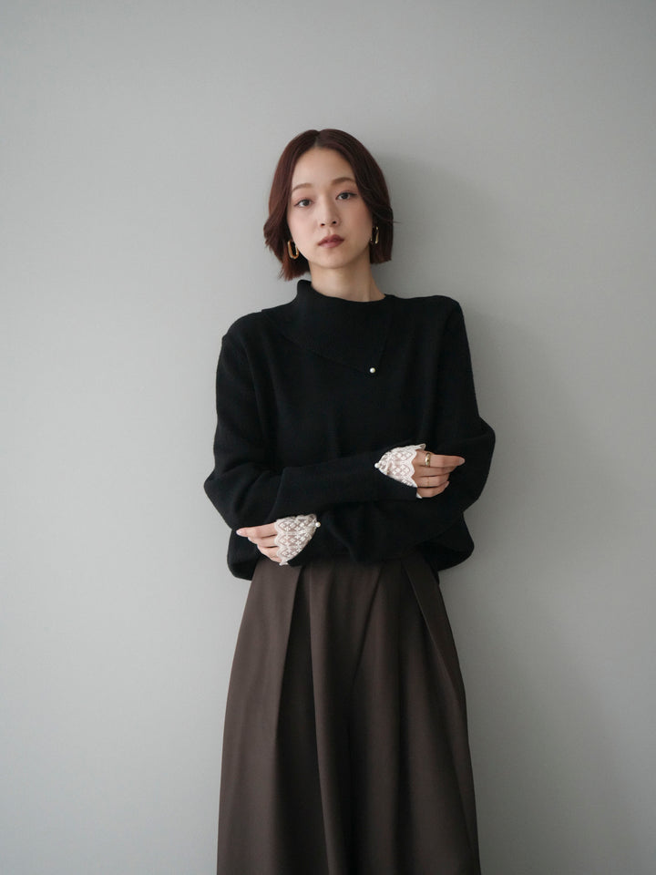 [SET]袖レースパール付き配色ニットトップス+テープベルトタックバギーパンツ(2set)