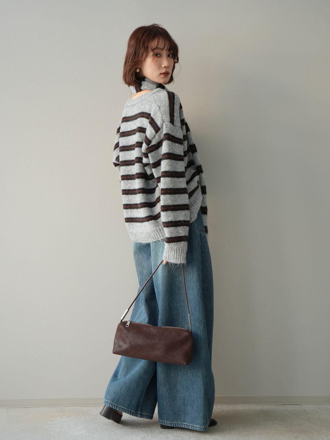 [SET]ボウタイ付きボーダーニットプルオーバー+ベルト付裏起毛カーブデニムパンツ(2set)