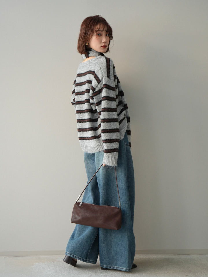 [SET]ボウタイ付きボーダーニットプルオーバー+ベルト付裏起毛カーブデニムパンツ(2set)