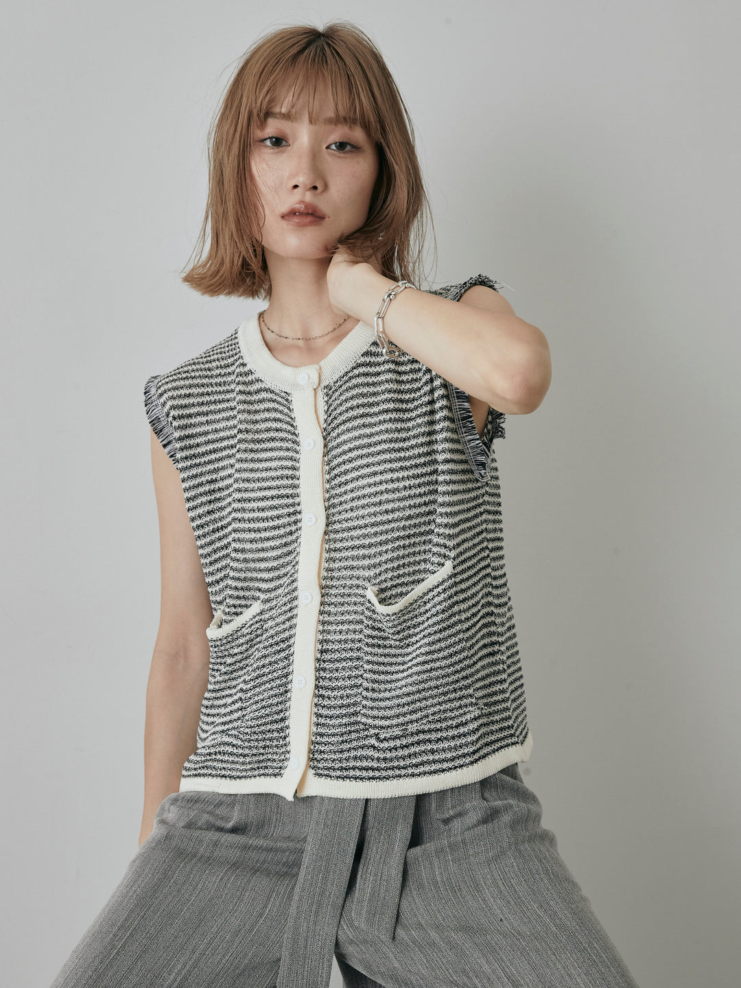 [予約]ボーダー袖フリンジニットベスト/オフ