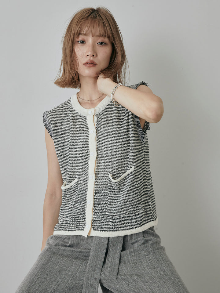 [予約]ボーダー袖フリンジニットベスト/オフ