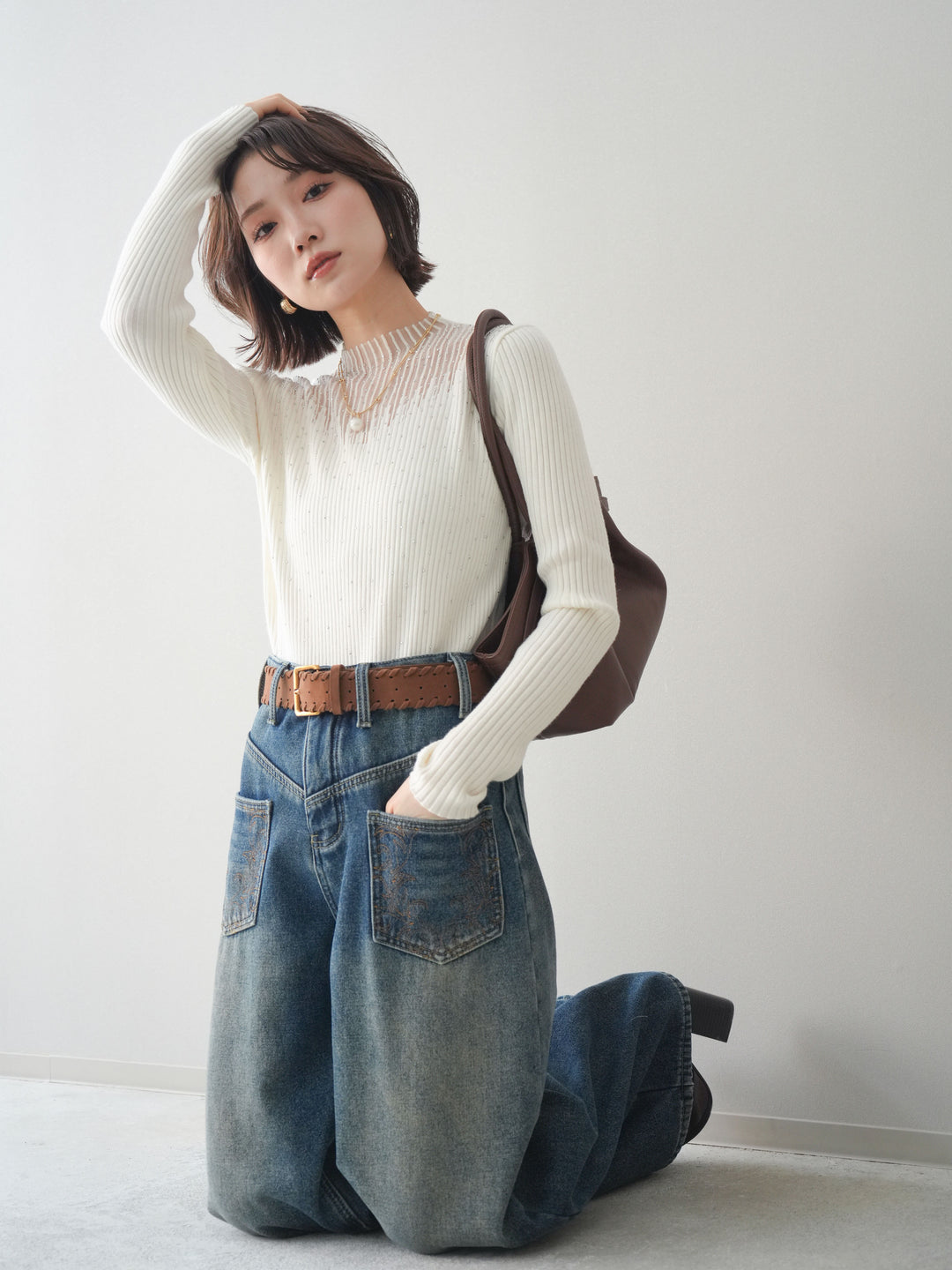 [予約]シアー切替スパンコールリブニットトップス/ivory