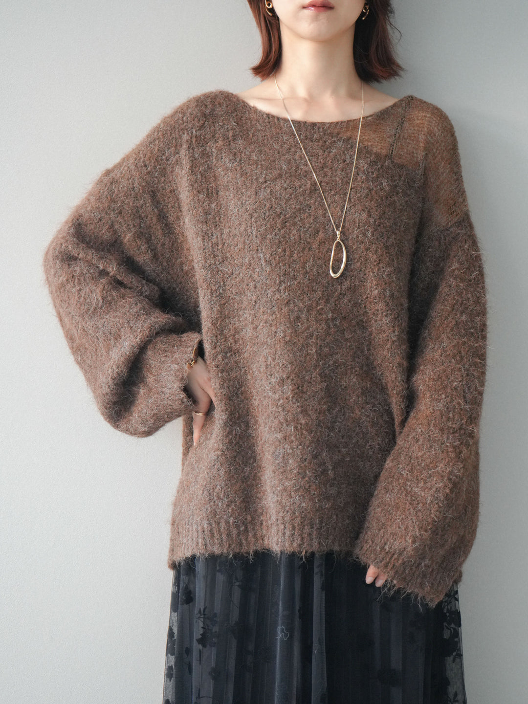 [SET]透かしデザインニットプルオーバー+フラワーフロッキーチュールプリーツスカート(2set)