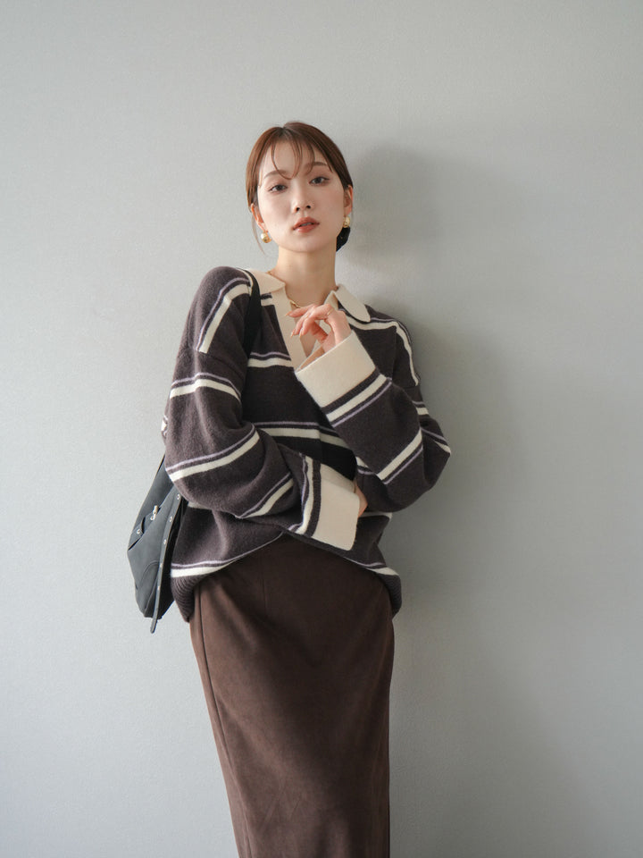 [SET]ポロ襟スキッパーボーダーニットプルオーバー+スウェードIラインスカート(2set)