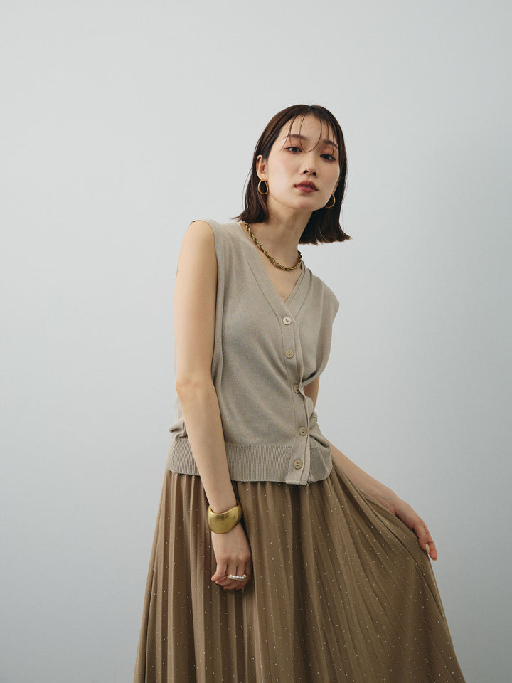 [SET] 清涼觸感2WAY設計針織背心+水鑽百褶裙（2件組）