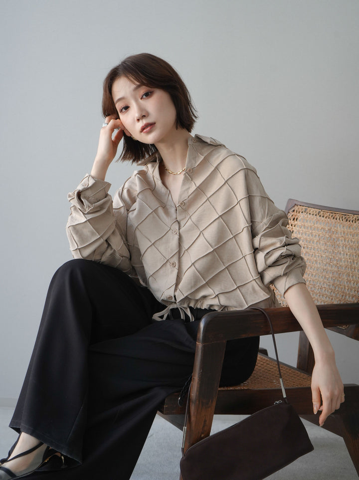 [SET]パイピングクロスデザインブラウス+編み込みベルト付タックワイドパンツ(2set)