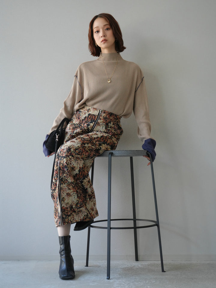 [予約]ボトルネック配色リブニットプルオーバー/ベージュ×アイアンブルー