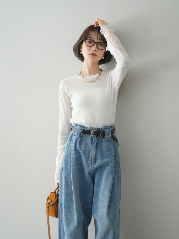 [SET]袖レースレイヤードデザインメロートップス+ハイウエストベルトループデザインデニムパンツ(2set)