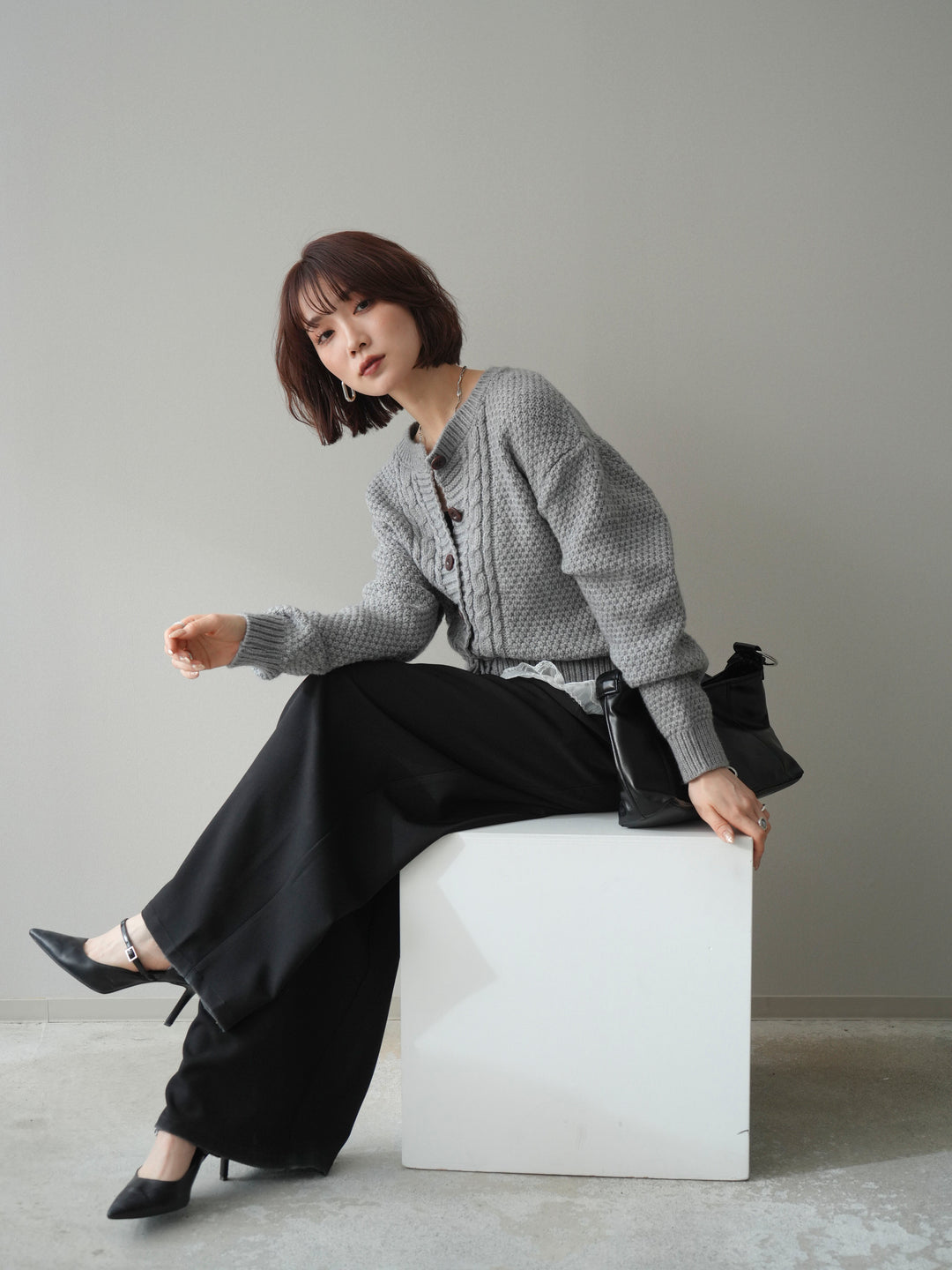 [SET]裾レースケーブルニットカーディガン+ベルトループデザインワイドパンツ(2set)