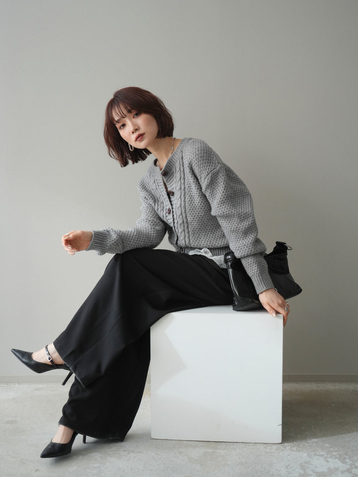 [SET]裾レースケーブルニットカーディガン+ベルトループデザインワイドパンツ(2set)