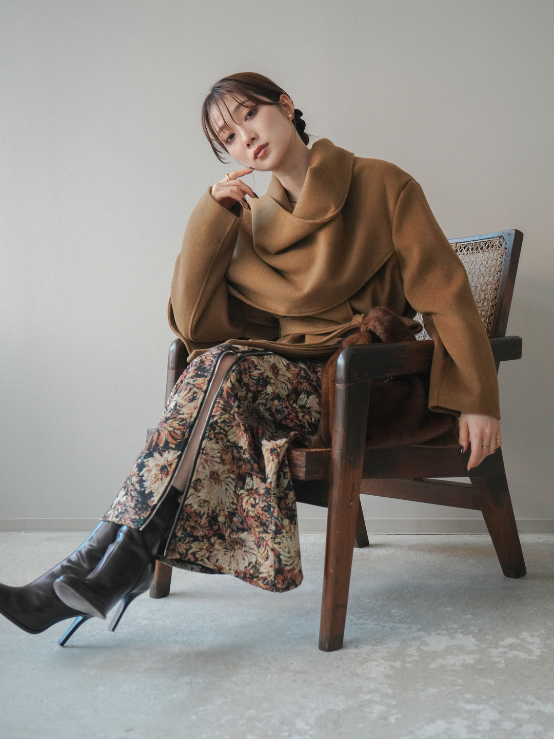 [予約]ストールデザインショートコート/camel