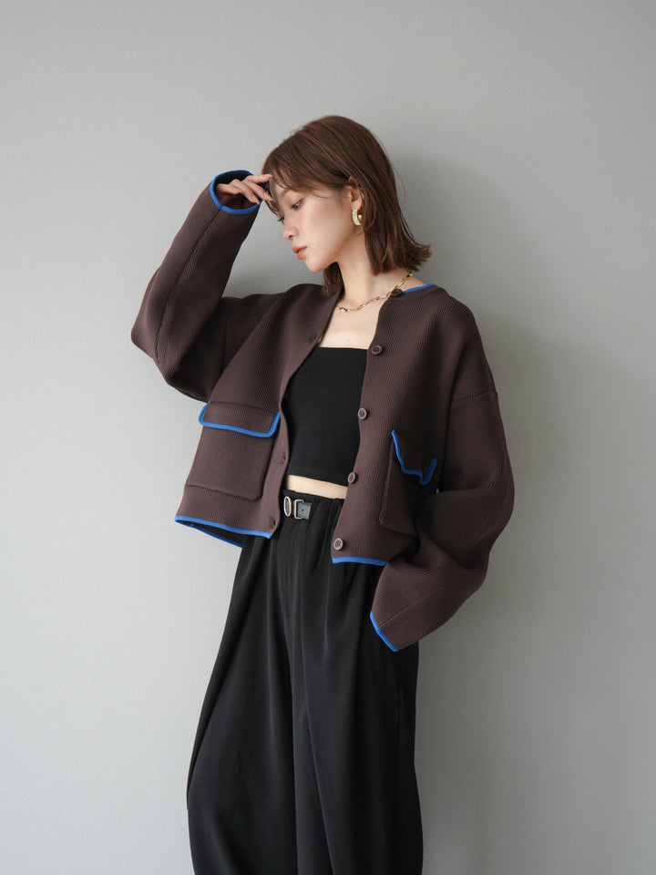 [予約]ポリエステル配色クルーネックカーディガン/ブラウン