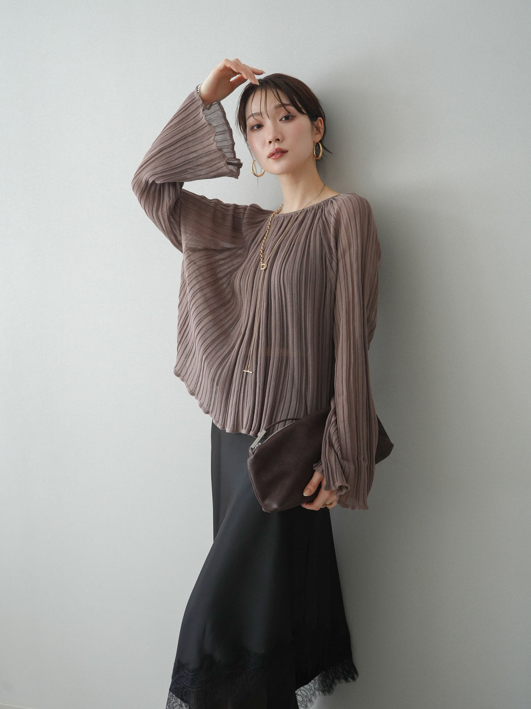 [SET]プリーツシアーフレアスリーブニットトップス+センターシームフレアパンツ(2set)