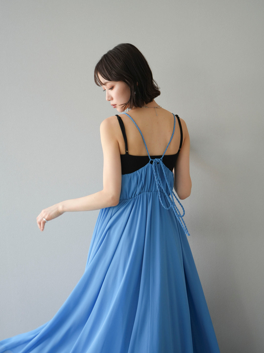 [SET]編み込みデザインシフォンワンピース+カップ付テレコリブベアキャミソール(2set)