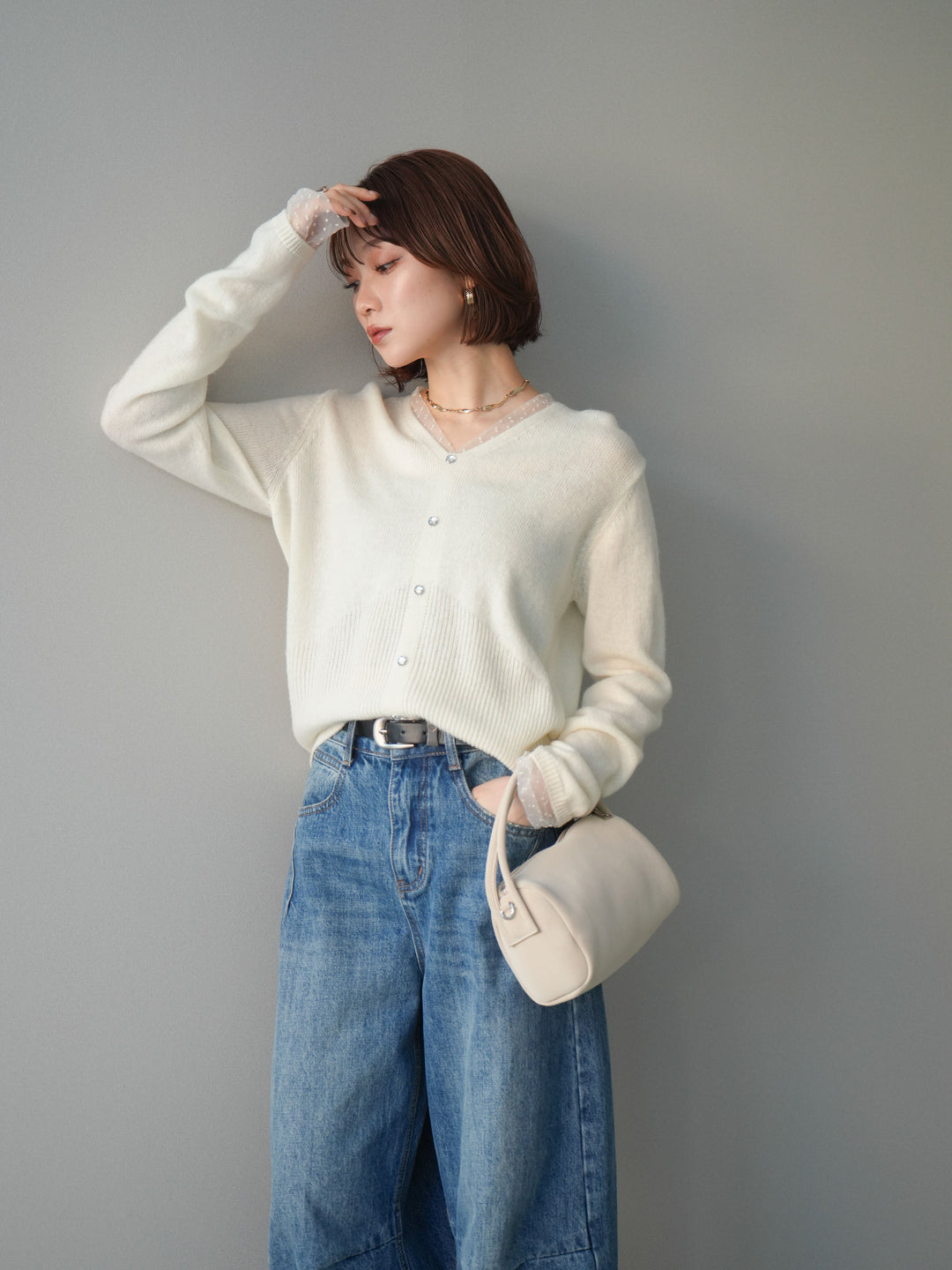 [SET]ドットチュールレイヤードボタンニットトップス+選べるアクセセット(2set)